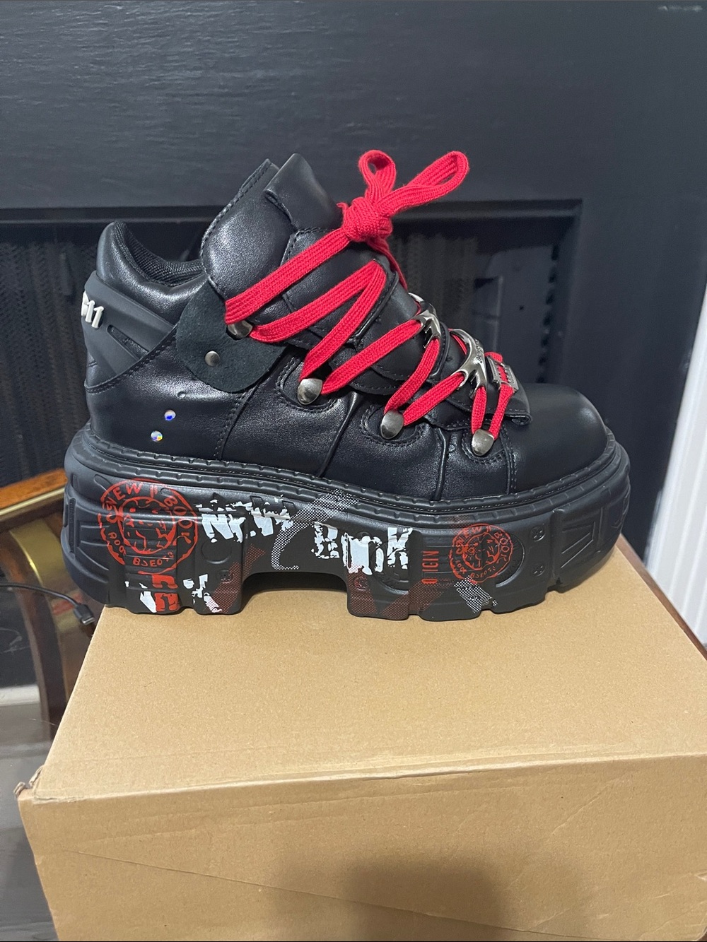 Chunky Black Platform Sneaker with Red Laces